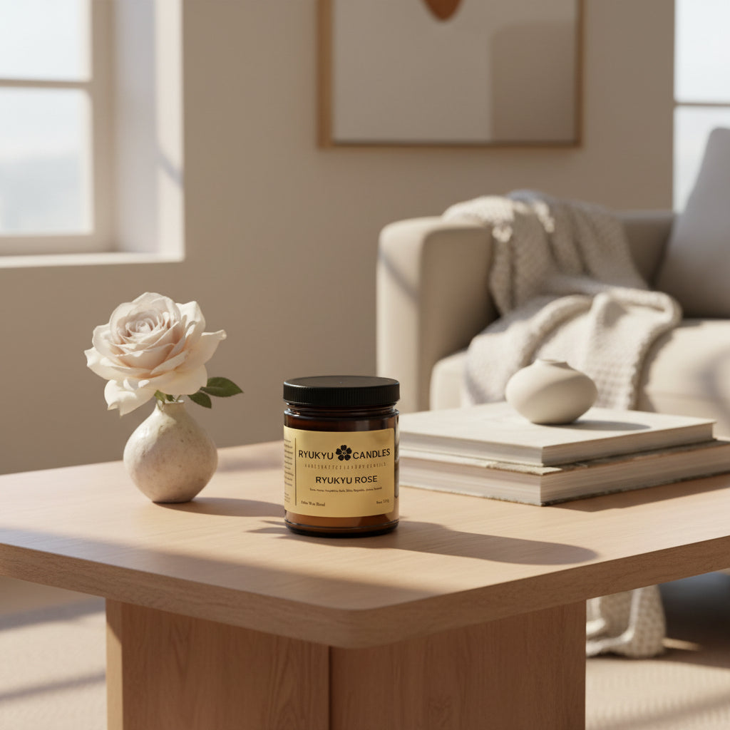 A jar candle labeled 'Ryukyu Rose' with a black lid, placed on a wooden surface with a rose in the background.