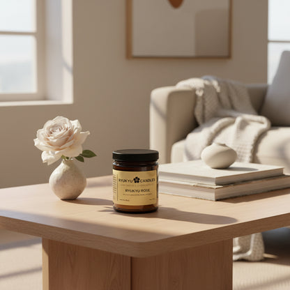 A jar candle labeled 'Ryukyu Rose' with a black lid, placed on a wooden surface with a rose in the background.