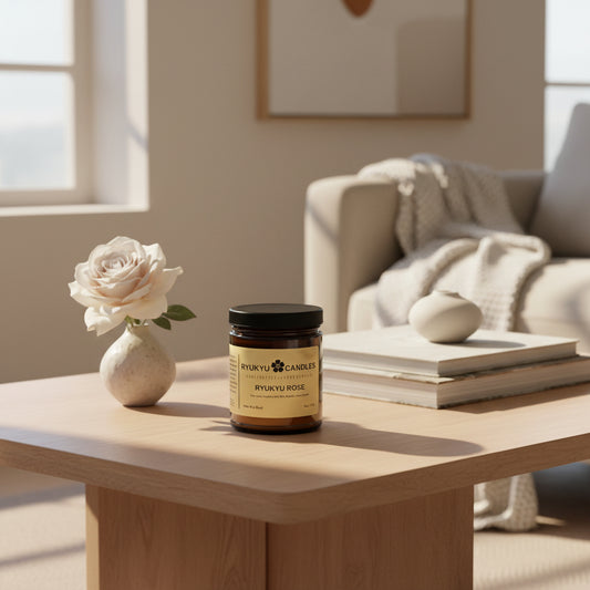 A jar candle labeled 'Ryukyu Rose' with a black lid, placed on a wooden surface with a rose in the background.